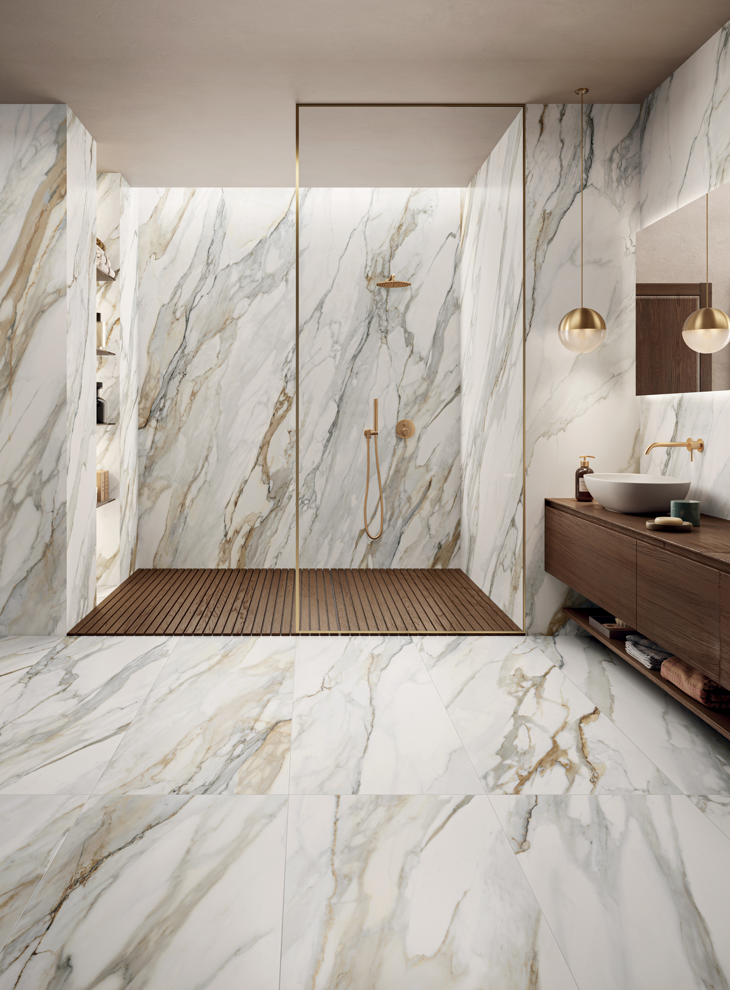 Elegant, bright bathroom with floors and walls, including a spacious shower, covered in white marble-effect porcelain stoneware.